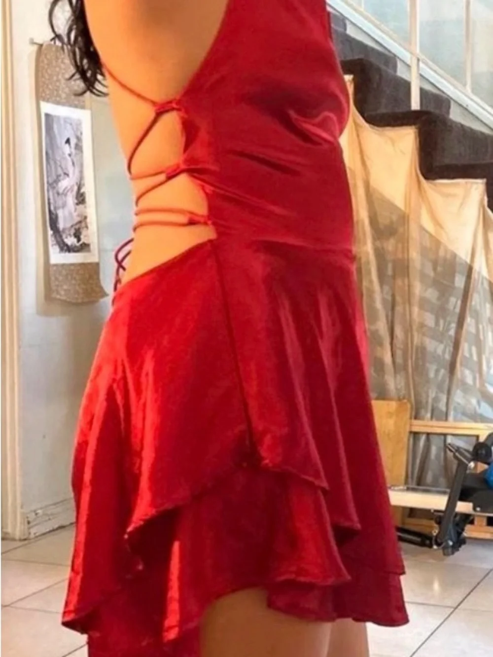 Cowl Neck Red Satin Mini Dress with Spaghetti Straps